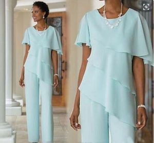 2020 New sky blue Mother Pants Suits Wedding Guest Dresses crew Chiffon Short Sleeves Tiered Mother of Bride Pant Suits with Trousers