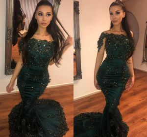 New Sexy Hunter Green Mermaid Evening Dresses for Women Wear Off Shoulder Lace With Flowers Crystal Beaded Formal Prom Dress Party Gowns