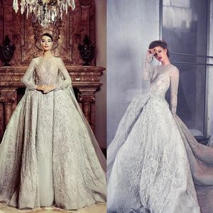 Luxury Ball Gown Wedding Dresses Jewel Neck Long Sleeves Bridal Gowns Sweep Train Beaded Wedding Dress With Detachable Train 3915