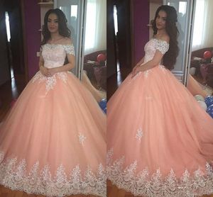 Peach Sweet 16 Quinceanera Dresses Sexy Off Shoulder Short Sleeves Ball Gown Prom Dress With Applique Corset Fluffy 2020 vestidos 278z