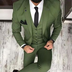 Olivgröna mensdräkter för brudgummen tuxedos 2019 notched lapel smal fit blazer tre bitar jacka byxor väst man skräddarsydd kläder276c