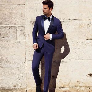 Lacivert Slim Fit Erkek Balo Erkekler Için Şal Yaka Düğün Suits Sağdıç Smokin Iki Adet Blazers Ceket Suits + Pantolon + Papyon
