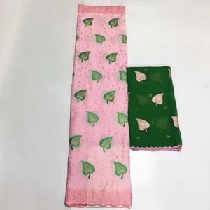 5yards beautiful pink african cotton fabric with leaves style embroidery and 2yards green french net lace set for dress hs193