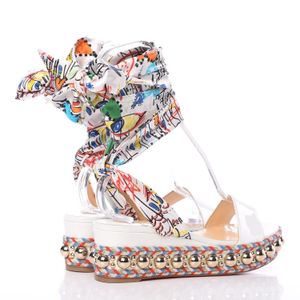 2019SS Summer Gorgeous Red sole Sandal Levantine 60mm White Patent Leather Women Wedge Sandal Gold Studs Graffiti Ankle Strap Gladiator Sandals