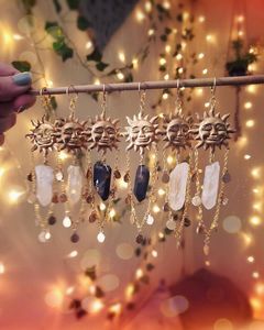 Dangle & Chandelier Sun Goddess Quartz Charm Brass Earrings Stars Moon Boho Hippie Bohemian Celestial Witchy Metaphysical Jewelry