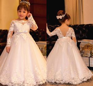 Кружева цветок девушка платье с длинным рукавом бато на шеи лук ремня линии полоса длина пола дети формальная одежда для свадьбы на заказ
