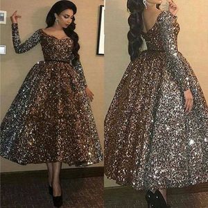 Abendkleider Sparkly Prom Dresses Glitter Cekinowy V Neck Herbata Długość Długim Rękawem Dress Dubai Formalna Party Suknie Vestidos