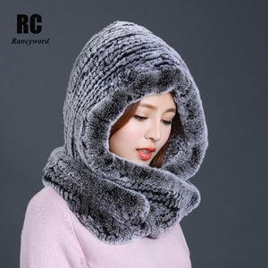 [Rancyword] Hat Women 2017 New Knitted Real Rex Rabbit Fur Hat Hooded Scarf Winter Warm Natural Fur Hat With Neck Scarves RC1319 Y18120302