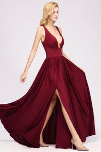 Deep V Neck Burgundy 신부 들러리 드레스 2019 라인 뒷모습 섹시 분할 무도회 이브닝 드레스 공식 파티 가운 로브 드로비 De Soiree BM012348