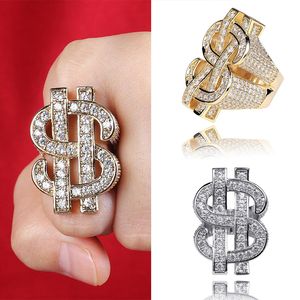 New 18K Gold Plated Mens Bling Cubic Zirconia Hip Hop US Dollar Sign Ring Band Personalized Full Diamond Rapper Jewelry Gifts for Boyfriend