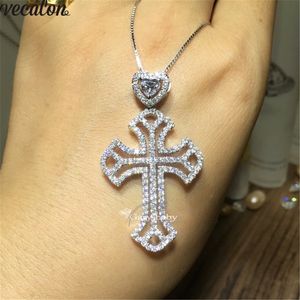 Vecalon Heart Lover Big Cross Pendant 925 Sterling Silver 5A CZ Stone Cross Pendant Halsband för kvinnor Män Party Bröllop Smycken