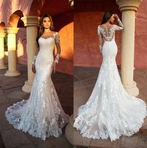 Sheer Long Sleeves Lace Mermaid Wedding Dresses Scoop Neck Tulle Applique Sweep Train Wedding Bridal Gowns robes de mariee With Buttons