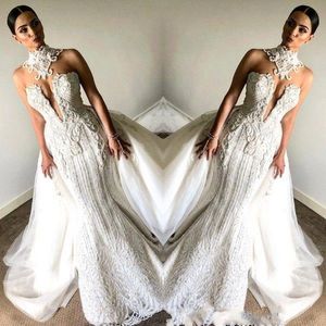 Wholesale beaded mermaid wedding dresses resale online - Fancy Lace Sleeveless Mermaid Wedding Dresses High Neck Beaded With Overskirts Plus Size Vintage Bridal Wedding Gowns BC0672