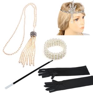 Fashion luxury designer Halloween vintage crystal diamond headbands woman hair jewelry gloves pearl necklace bracelets smoke pole set