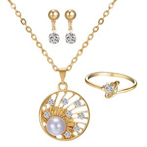 gold Jewelry Set Simulated Pearl Pendant Necklace Earring Ring for women bride wedding jewelry