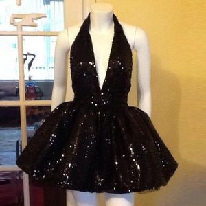 Sexy Black Sequined Short Homecoming Dresses Halter Deep V Neck Backless Formal Party Dress Prom Gowns Robe De Cocktail Vestido286g