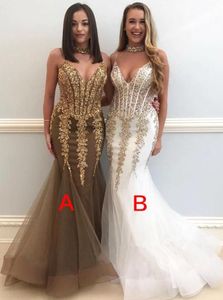 2019 Spaghetti Straps Lace Mermaid Long Prom Dresses Tulle Lace Beaded Corset Sweep Train Formal Party Evening Gowns BC1537