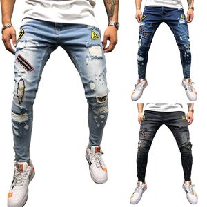 2024 moda nova masculina jeans modis impresso motociclista elástico rasgado magro destruído gravado calças jeans roxo