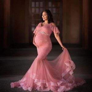 Pink Pregnant woman Formal Evening Dresses Boho Cold Shoulder Sleeves Crystals Sash Lace Special Occasion Dress For Maternity Long