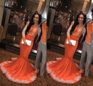 Afrikanska svarta tjejer Orange Mermaid Prom Klänningar Långärmad Lace Applique Aftonklänning för Kvinnor Party Gown Sweep Train Formell Klänning