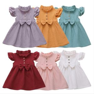 Baby Girls Dresses Children Bow Ruffle Princess Dress Solid Fly Sleeves Patchwork TUTU Dresses Infant Summer Party Birthday Suit CYP461