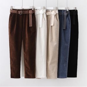 코듀로이 바지 하렘 바지 가을 겨울 여성 바지 탄성 허리 새시 캐주얼 블랙 바지 Pantalones Mujer Cintura Alta T200104