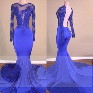 Royal Blue Mermaid Style Prom Dresses z rękawami Sheer Neck Top Lace Tight Formal Evening Graduation Dress Sexy Backless Black Girls Prom