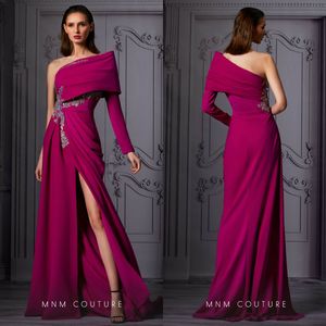 Light Purple A-line Evening Dresses One-shoulder High-split Elegant Prom Gown Ruffle Beaded Sequins Applique Sweep Train Formal Party Gown