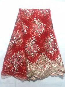 5 Yards/pc Wunderschöne rote blume französisch tüll stoff und gold seide stickerei afrikanische mesh spitze für kleid QN94-6