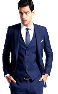 Navy Blue Groom Tuxedos Peak Lapel Groomsmen Mens Wedding Dress Excellent Man Jacket Blazer 3 Piece Suit(Jacket+Pants+Vest+Tie) 1671