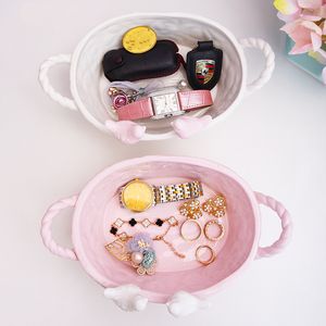 [DDisplay]Porcelain Pink Basket Jewelry Storage Personalized Bracelet White Organizer Case Lover Birds Glamour Earrings Display Holder