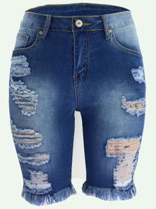 Kvinnor Skinny Kne Length Jeans Ripped Tassel Knes Holes Middle midje Jeans Mid midja Casual Slim Fit Female Trousers