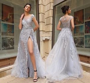 Seksi ön bölünmüş kılıf resmi gece elbiseler aşırı etek tren şeffaf boynu artı boyut zuhair murad resmi balo parti elbiseleri vestidos