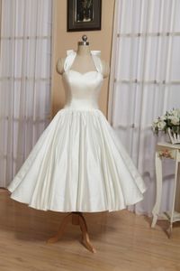 Short Satin Wedding Dresses vestido de noiva Vintage Tea Length Bridal Gowns Halter Corset Back 1950s 60s Wedding Gowns Custom Made