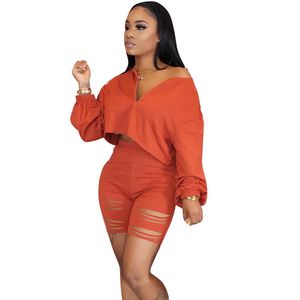 2020 Casual Two Piece Set Summer Clothes for Women Tracksuit Crop Top Hole Shorts Sweat Suits Lounge Wear Matching Set Outfits