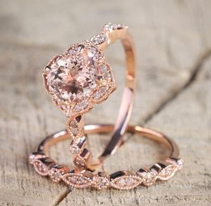 Люкс Кристалл кольцо для женщин 2pcs / Set ювелирные изделия розовое золото Цвет Обручальное кольцо девушки Подарок Обручальное Обручальное кольцо Set
