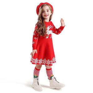Świąteczna dziewczyna ubrania dla dzieci okrągła kołnierz długi rękaw świąteczny design gęsta sukienka wysokiej jakości zima