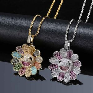 14K Gold Plated 3 Colors Colorful Bearing Sunflower Spins Pendant Necklace Micro Pave Cubic Zirconia Diamonds with 24inch Rope chain