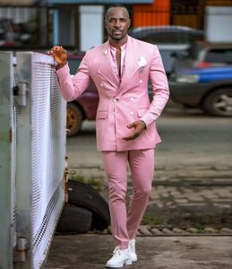 Lato Pink Wedding Tuxedos Slim Fit Double Breasted Doskonałe Mężczyźni Formalny Dinner Party Prom Blazer Garnitur (Kurtka + Spodnie)