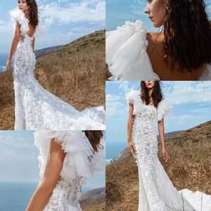 Modest Weddinginspirasi Mermaid Wedding Dresses Square Sgort Sleeve Backless Lace Applique Ruffles Wedding Gown Sweep Train robe de mariée