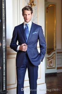 Новая мода две кнопки Blue Groom Tuxedos Groomsmen Notch Lapel Best Man Blazer мужские свадебные костюмы (куртка + брюки + галстук) H: 909