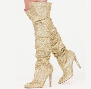 موضة الذهب بريق المرأة سباركلي الفخذ أحذية عالية مثير واشار تو الكعوب العالية على مدى الركبة أحذية سيدة بلينغ طويل حزب بوتاس