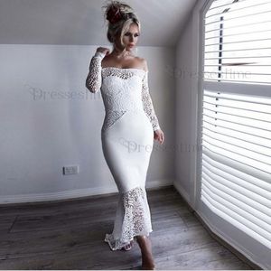 2020 YENİ Afrikalı Beyaz Off Omuz Onur Ucuz Kokteyl törenlerinde arasında Gelinlik Modelleri Dantel Uzun Kollu Denizkızı Wedding Guest Elbise Kısa Hizmetçi