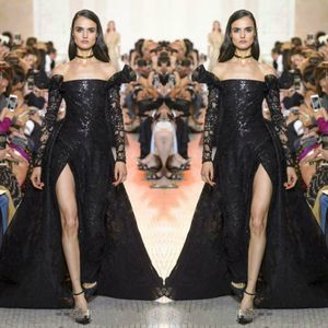 Elie Saab Sexy Black Prom Dresses Off Shoulder Lace Lone Sleeves A Line Sequined Evening Dress with Detachable Train Side Split Party Gowns