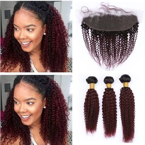 Wine Red Burgundy Ombre Brazilian Kinky Curly Hair Bundles with Lace Frontal Closure #1B 99J Dark Roots Burgundy Wavy Virgin Human Hair