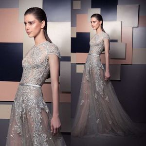 Ziad Nakad Latest Evening Dresses Jewel Neck Lace Appliques Sequins Capped Short Sleeve Prom Dresses Luxurious A Line Formal Party Gowns