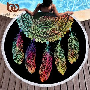 Beddingoutlet Colorful Dreamcatcher Tassel Mandala Tapestry Black Round Beach Towel Toalla Sunblock Blanket Yoga Mat 150cm