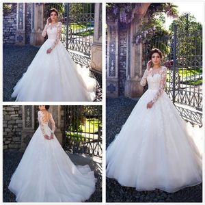 2020 Long Sleeves Lace A Line Wedding Dresses Sheer Long Sleeves Applique Ruched Wedding Bridal Gowns robe de mariée With Buttons BC3412