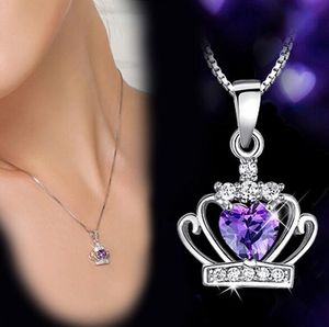 New Arrival 925 Sterling Silver Jewelry Austrian Crystal Crown Wedding Pendant Purple/Silver Water Wave Necklace GB1460
