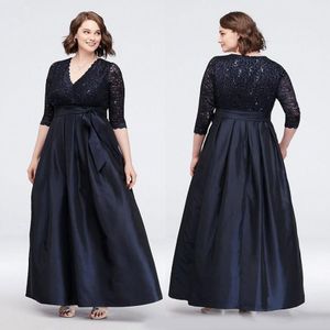 2020 Lace Mother of the Bride Dresses V Neck Long Sleeves Sequined Wedding Guest Gowns Ankle Length Taffeta Plus Size Evening Dress